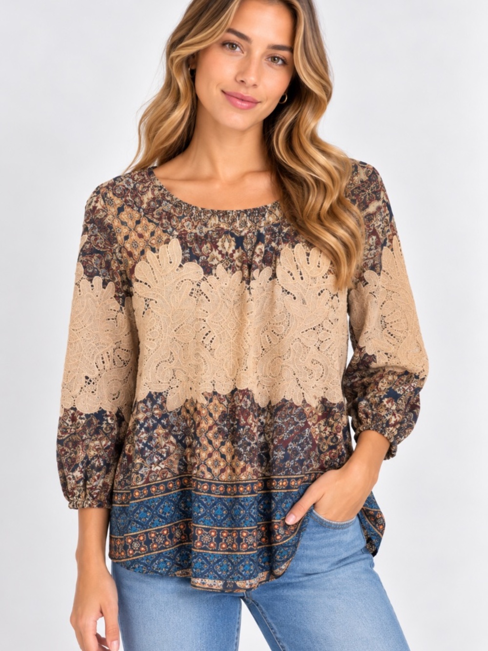NWT Vintage America Women’s Boho Paisley Lace 3/4 Sleeve Top, size Large